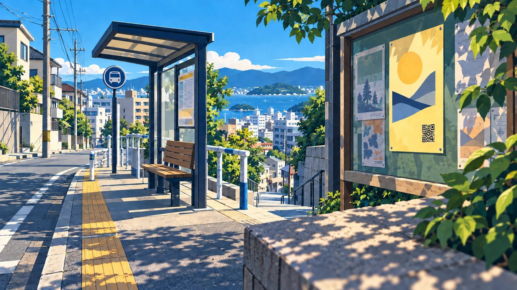 街のバス停脇にある黄色い掲示物が日常の中の手がかりになる場面