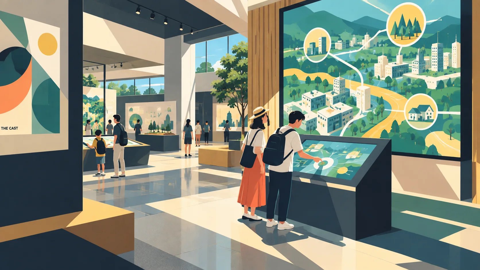 展示の画面を操作し、反応を見る二人のイラスト