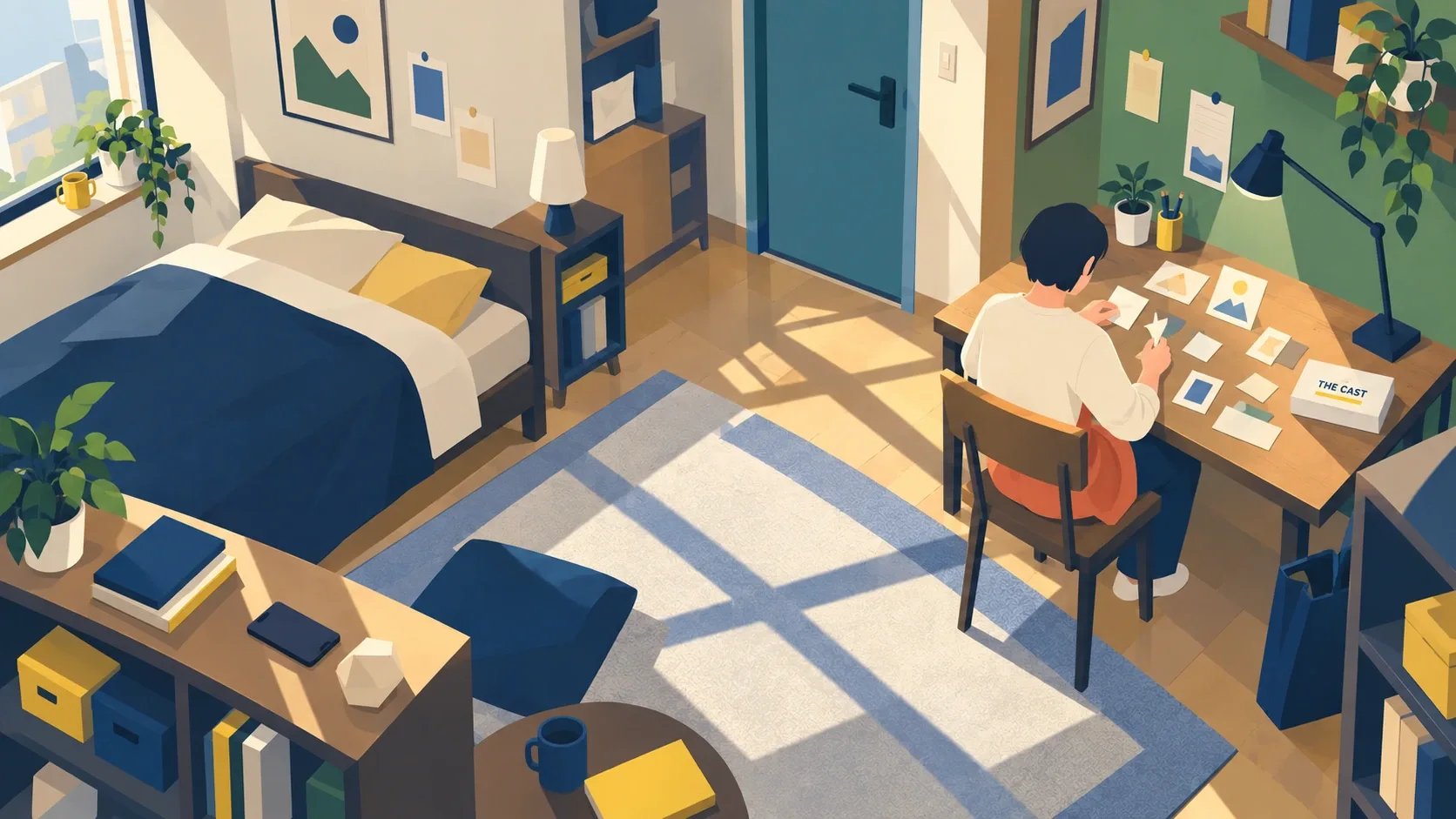 スマホを棚に置き、自宅の机で紙のパーツを使って遊ぶ人のイメージイラスト