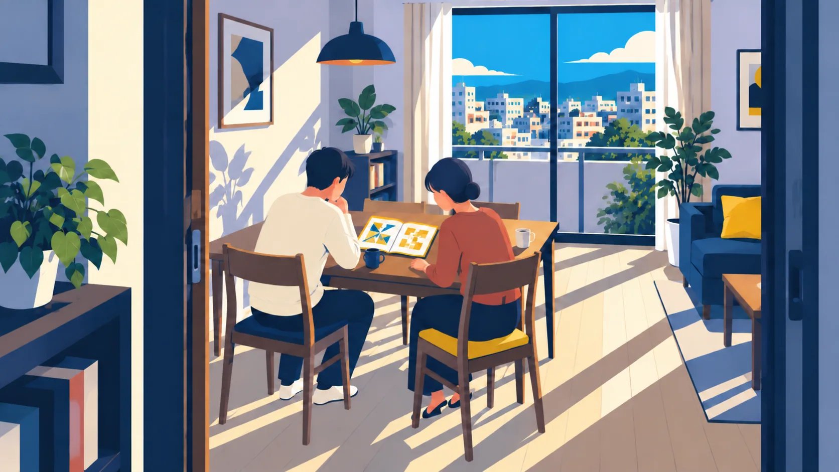 日差しの入る部屋で、二人が同じ謎解き本を広げて相談するイラスト