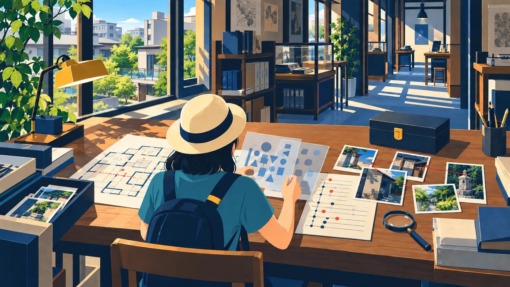 暗号の仕掛けと複数の記録を同じ机で見比べ、謎解きと推理の違いを確かめる様子