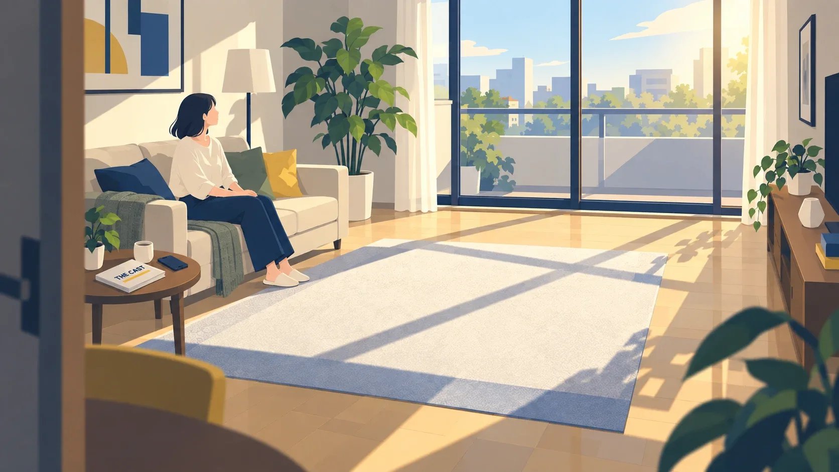 スマホをテーブルに置き、明るい窓の外を眺める人のイラスト