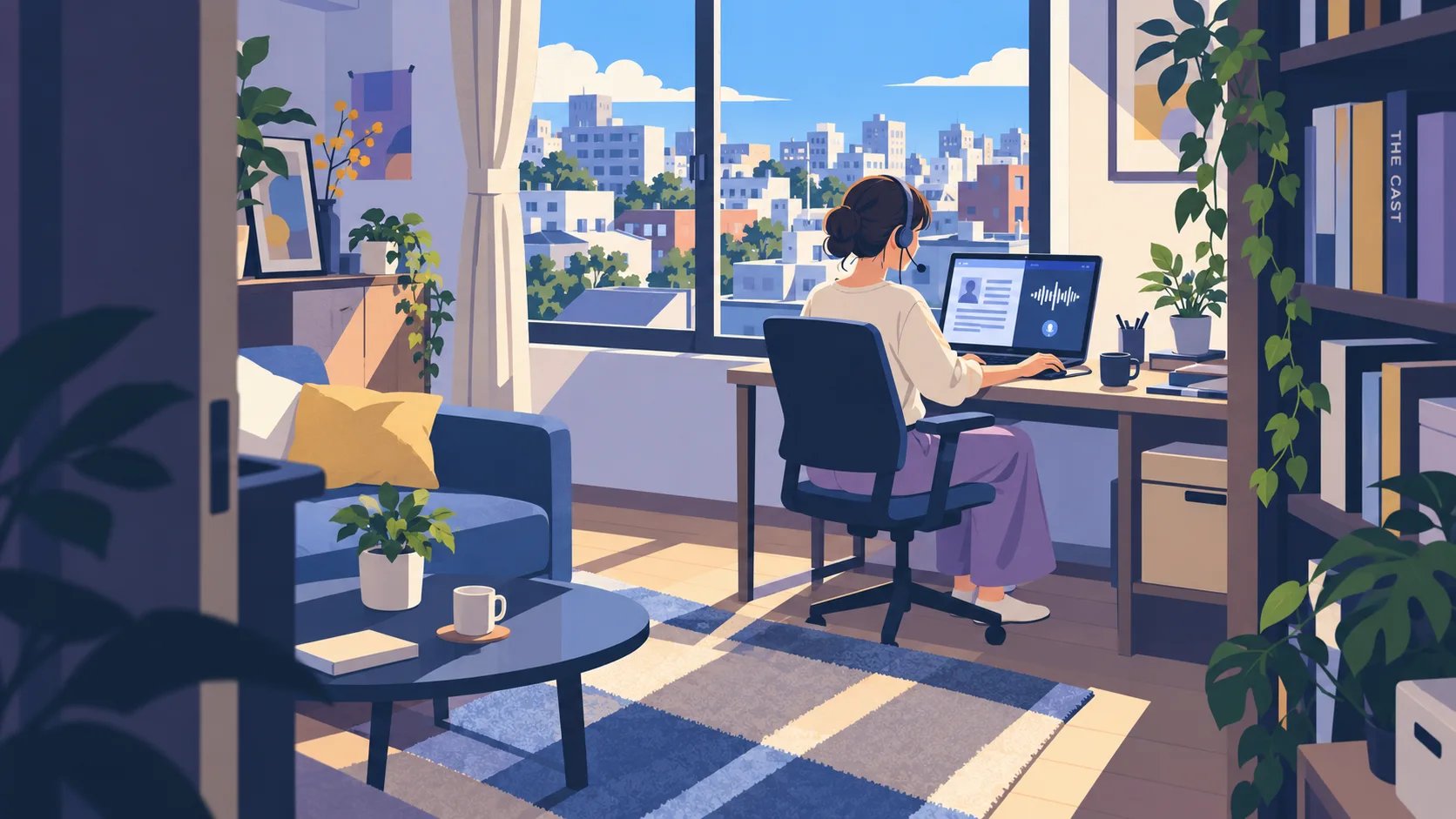 自宅でヘッドセットを使いオンラインのマーダーミステリーに参加する人のイラスト