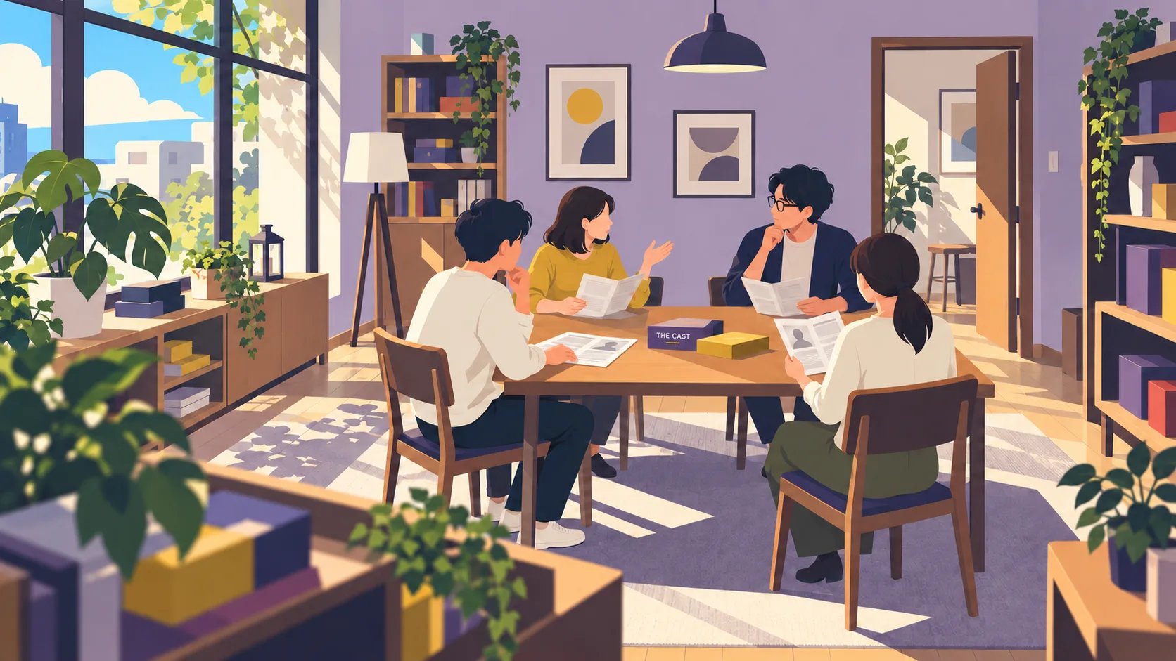役の資料を読みながら四人で会話するマーダーミステリーのイラスト