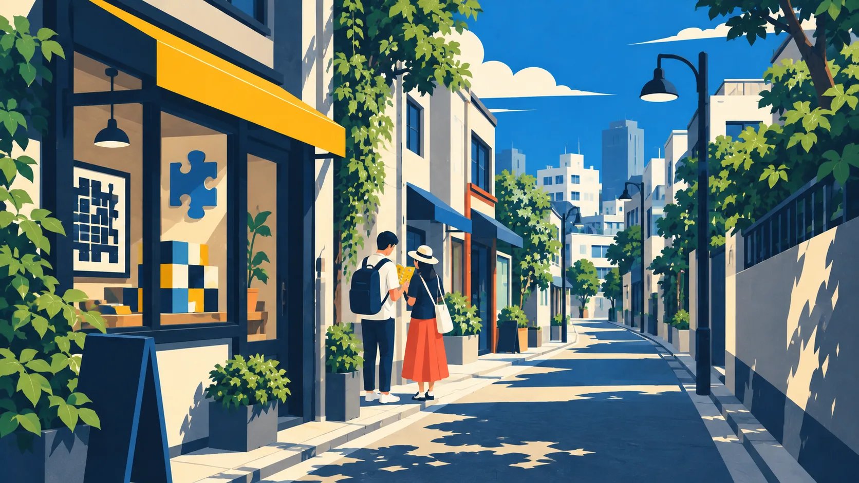 街の謎解きスポットで、二人が手掛かりの冊子を見せ合うイラスト