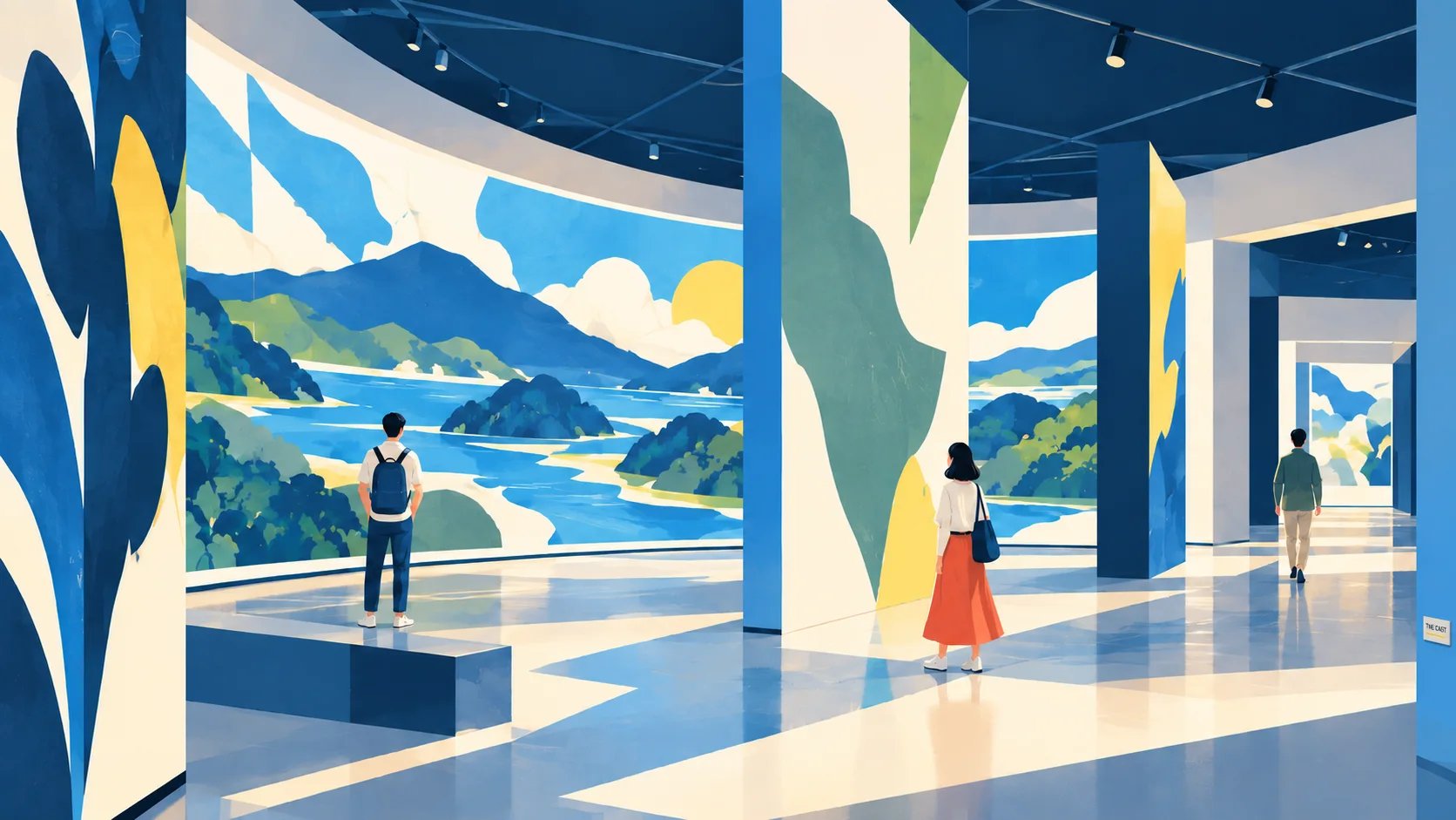 展示空間をそれぞれのペースで巡る人たちのイラスト